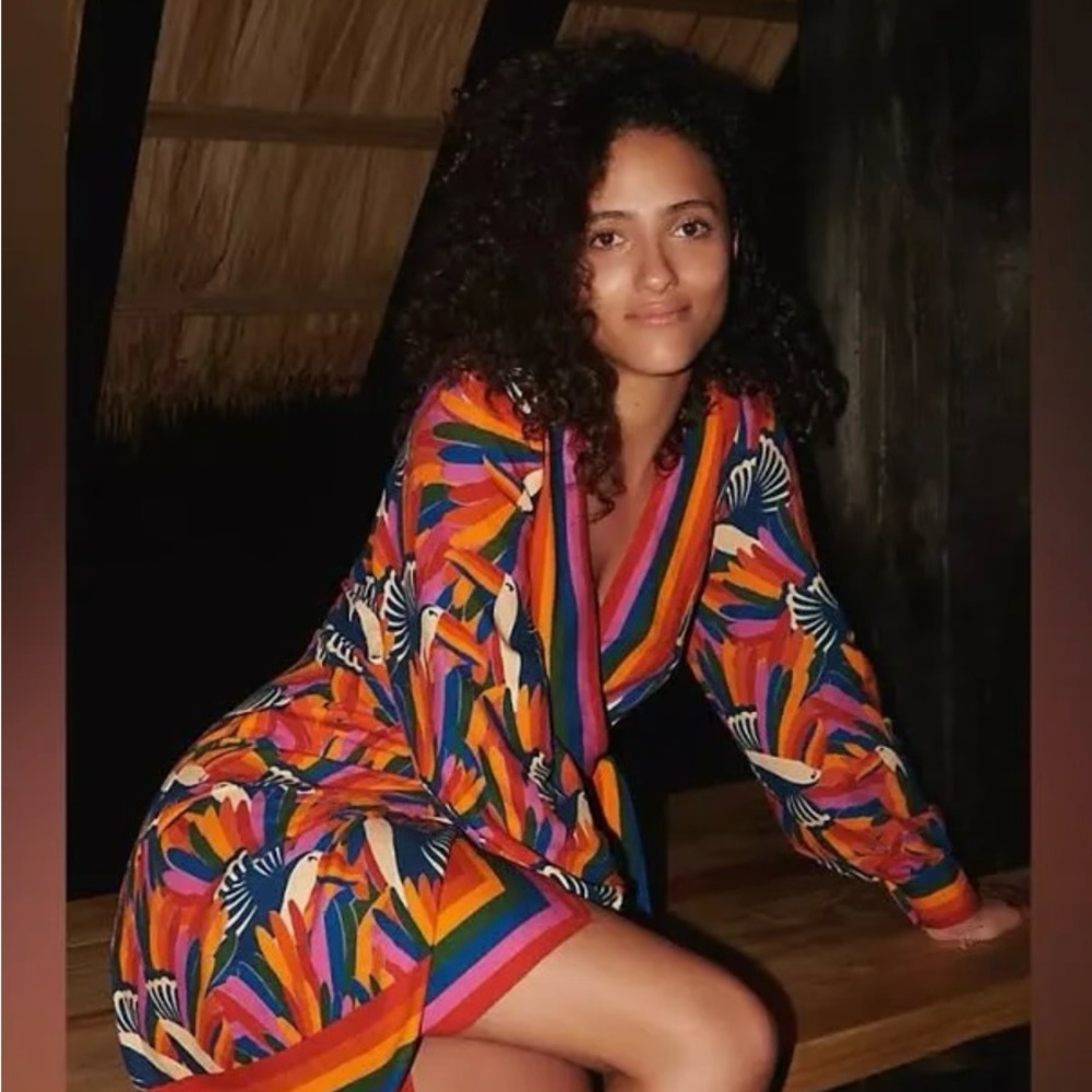NWT: Farm Rio Rainbow Toucans Mini Wrap Dress. Size S.